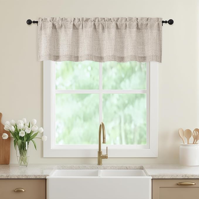 Linen Valances for Windows, Light Filtering Faux Linen Textured Small Short by WelvetBLK
