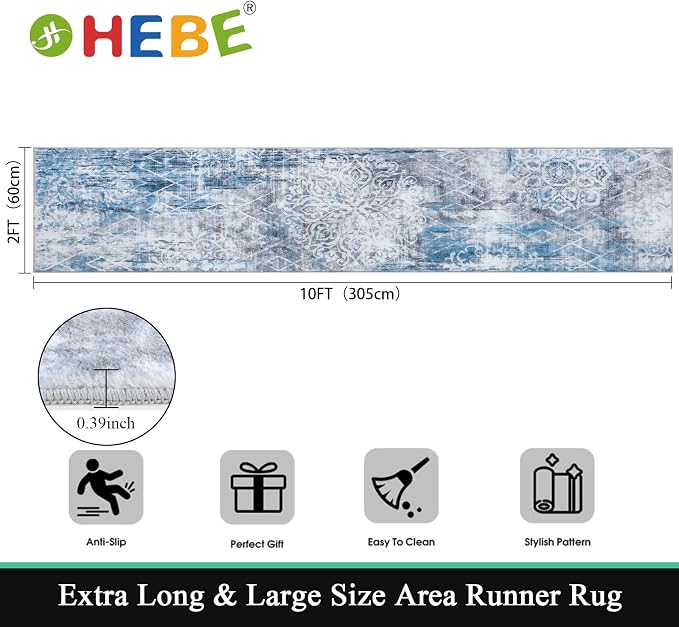 HEBE Hallway Runner Rug 2'x10' Washable Vintage Distressed Area Rugs Non Slip - Image 2