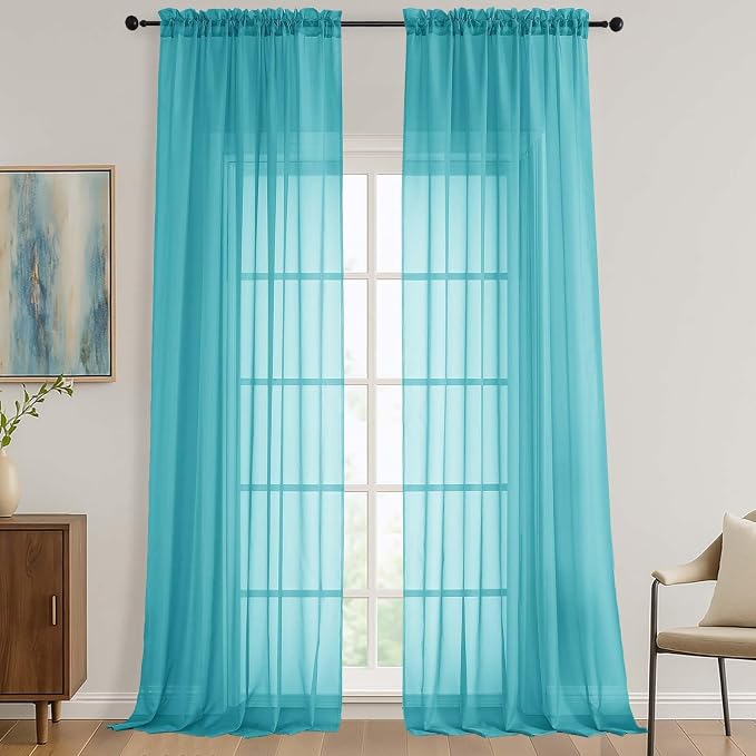 OVZME Sheer Turquoise Curtains 108 Inches Long 2 Panels Set, 59 Inch Extra Wide by OVZME
