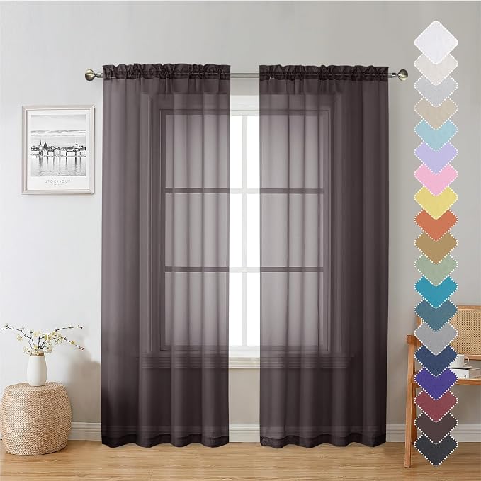 Lecloud Chocolate Sheer Curtains 72 Inches Long 2 Panels, Rod Pocket Voile by Lecloud