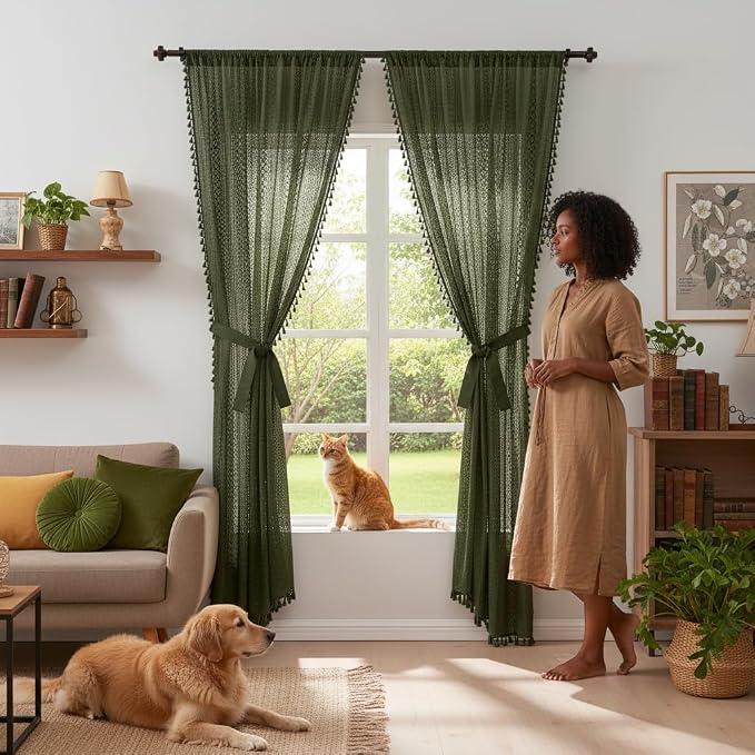 WAZZIO Boho Lace Curtains 84 Inches 2 Panel, Light Filtering Privacy Tassel & - Image 7