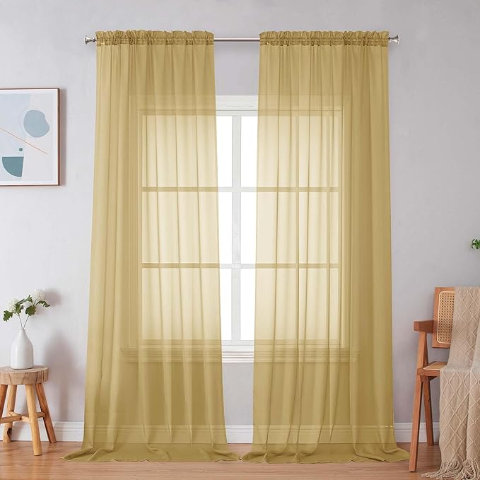 Simplebrand Gold Sheer Curtains 96 Inches Long, Light Filtering Rod Pocket by Simplebrand