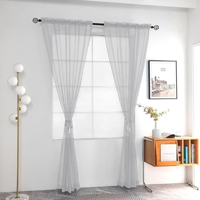 youleyar Solid Sheer Rod Pocket Curtain Voile Draperies 2 Panels White Beige - Image 2