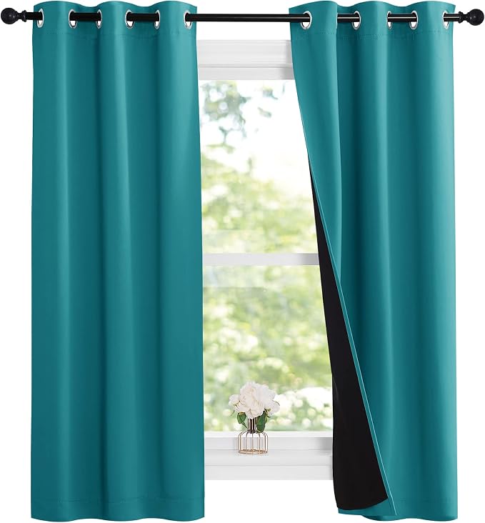 NICETOWN Peacock Teal 100% Blackout Lined Curtains, 2 Thick Layers Narrow Wide - Image 2