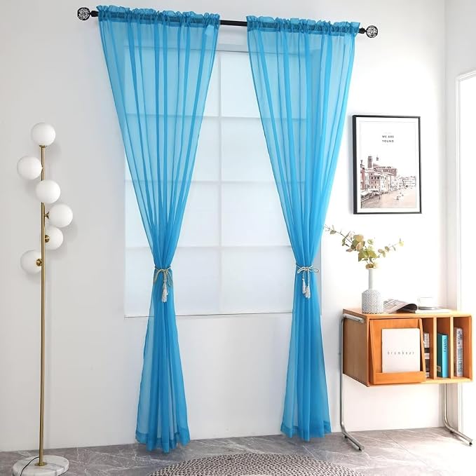SpaceDresser Basic Rod Pocket Sheer Voile Window Curtain Panels Cyan Blue 1 - Image 2