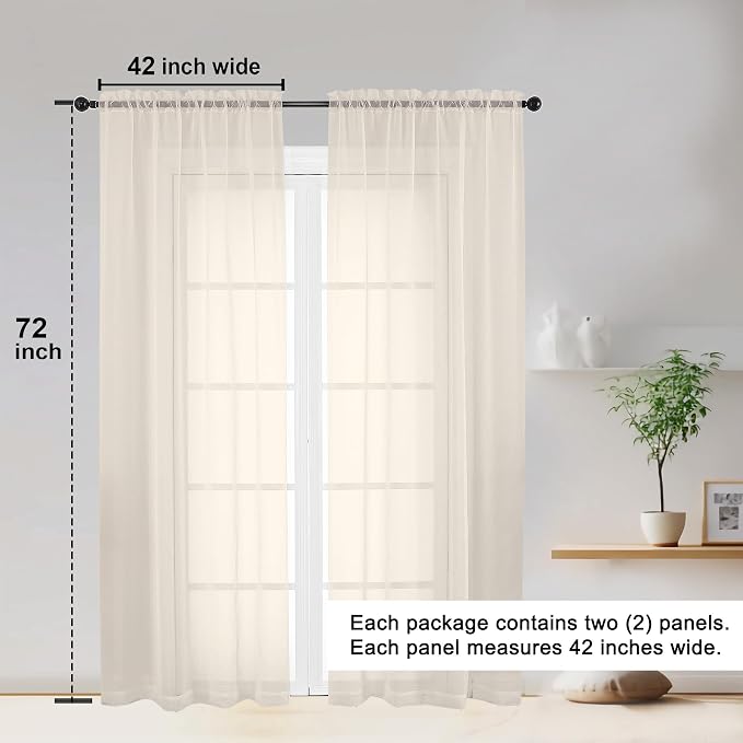 OWENIE Sheer Curtains 72 Inches Long 2 Panels Set, Light Filtering Sheer - Image 2