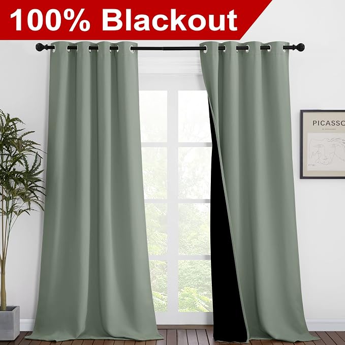NICETOWN Greyish Green Blackout Curtains 90 inches Long, Full Light Blocking - Image 2