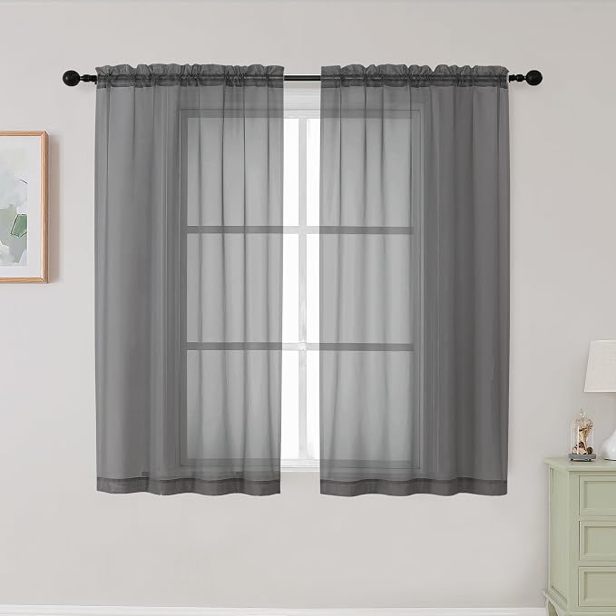 Grey Sheer Curtains for Bedroom Living Room 45 Inch Length 2 Panels, Soft Light by WelvetBLK