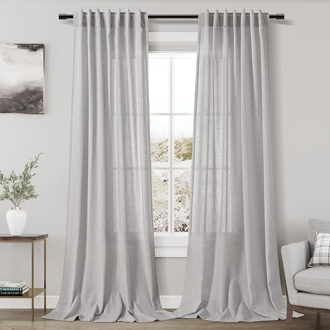 Grey Linen Back Tab Curtains 96 Inches Long 2 Panels Set by Nanspring