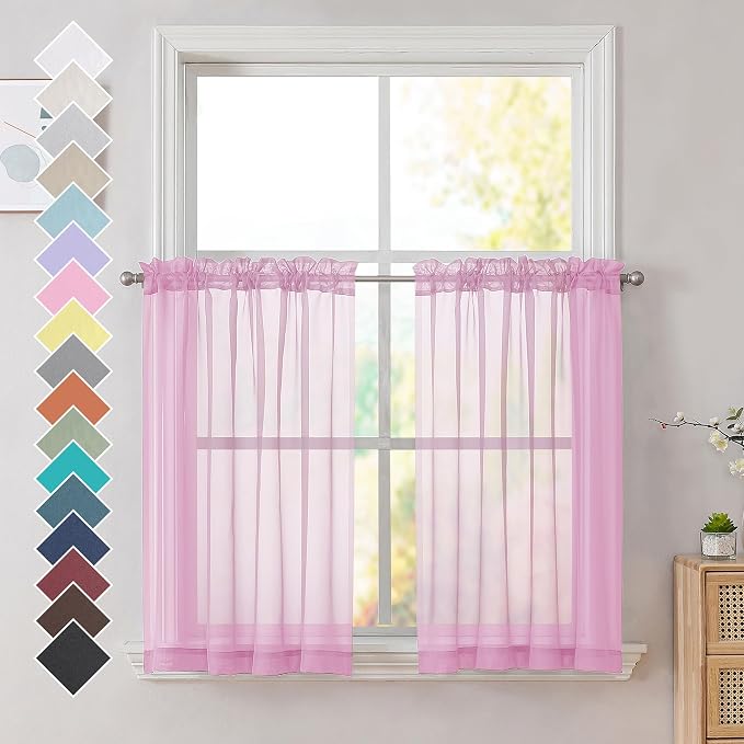 OVZME Light Pink Sheer Curtains 36 inch Length Kitchen Tiers Short Voile by OVZME