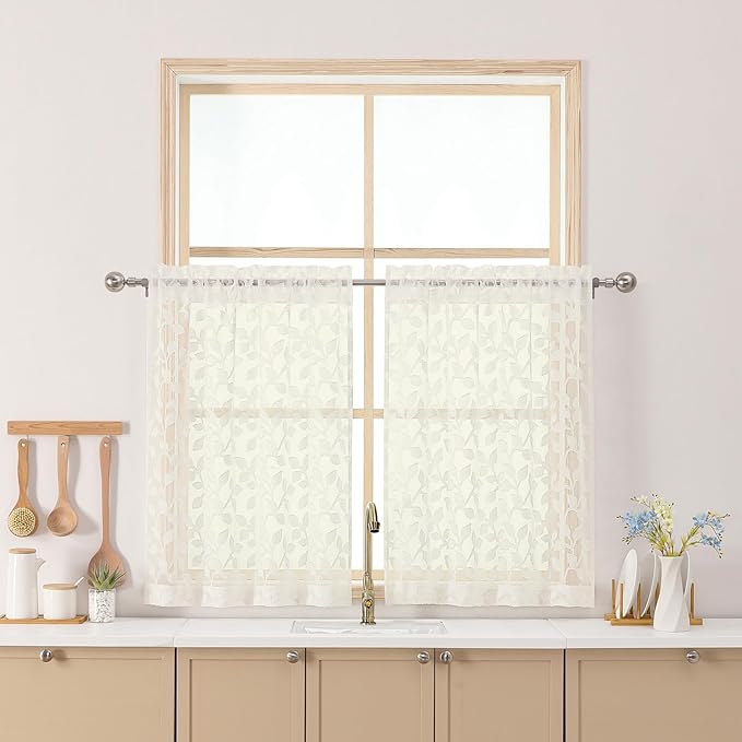 Chyhomenyc Ivory Sheer Curtains 30 Inch Length, Light Filtering Leaf Tufted by Chyhomenyc