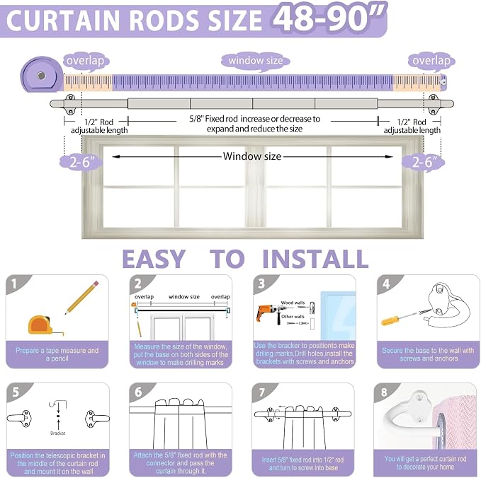 TVWOO Wrap Around Curtain Rods, 5/8 Inch Adjustable Blackout Curtain Rod Set - Image 3