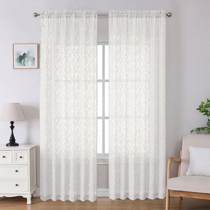 Lecloud Leia Ivory Sheer Curtains 96 Inches Long 2 Panels, Airy Voile Jacquard by Lecloud
