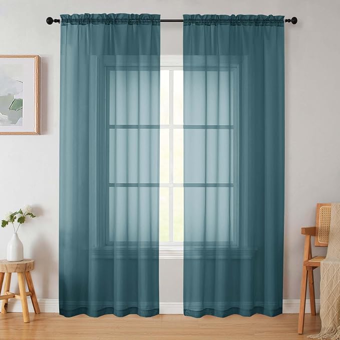 Dusty Blue Sheer Curtains 84 Inches Long 2 Panels, Soft Airy Light Filtering by WelvetBLK