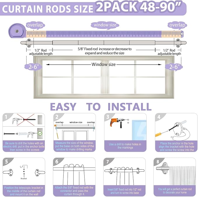 TVWOO Silver Wrap Around Curtain Rods 2Pack:Small Blackout Adjustable Window - Image 7