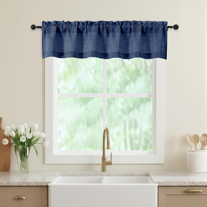 Navy Blue Valances for Windows, Light Filtering Faux Linen Textured Small Short by WelvetBLK