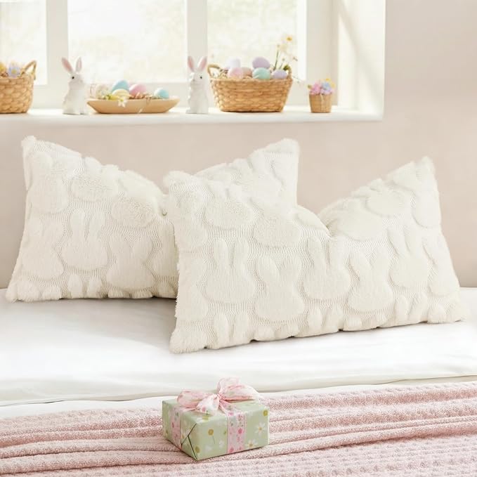 decorUhome Easter Bunny Pillow Covers 12x20 Inch Set of 2, Soft Plush Faux Wool - Image 5