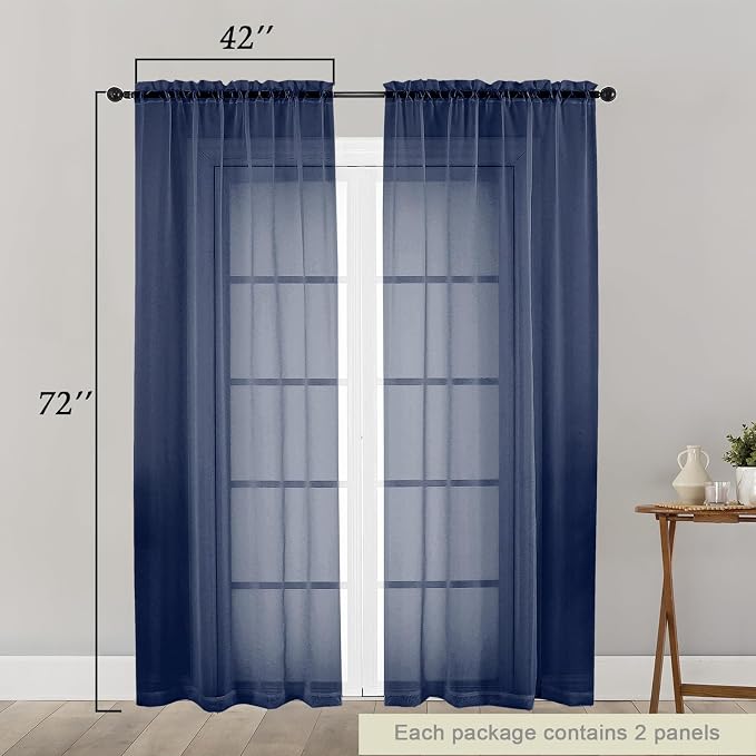 Navy Blue Sheer Curtain for Bedroom Living Room 72 Inches Long 2 Panels Set - Image 2