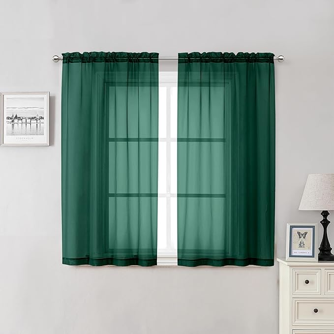 Lecloud Hunter Green Sheer Curtains 54 Inch Length 2 Panels, Voile Light by Lecloud