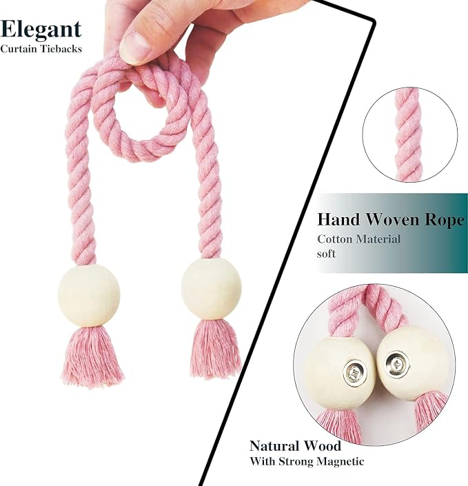 4 Pack Magnetic Curtain Tiebacks Cotton Hand Woven Tie Back Decorative Rope - Image 2