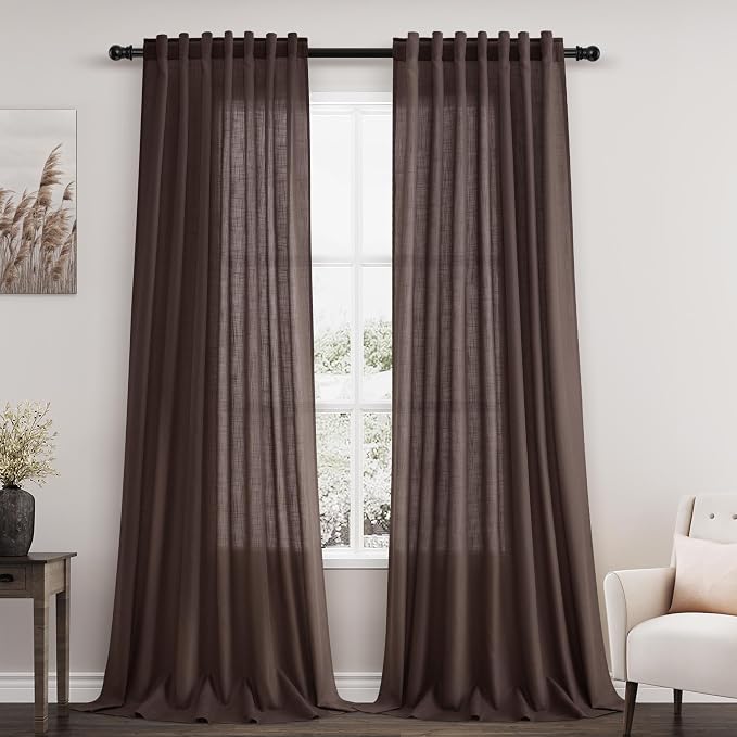 Nanspring Coffee Linen Semi Sheer Curtains 108 Inches Long 2 Panels Set Back by Nanspring