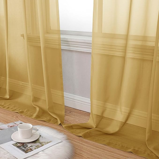Gold Sheer Curtains 84 Inches Long 2 Panels, Soft Airy Light Filtering Curtains - Image 8
