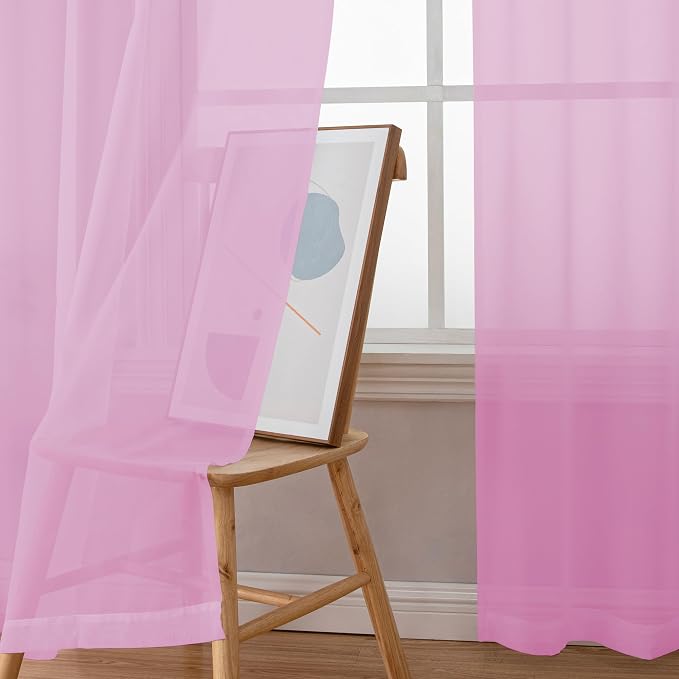 Simplebrand Pink Sheer Curtains 63 Inch Length 2 Panels, Rod Pocket Solid Color - Image 3