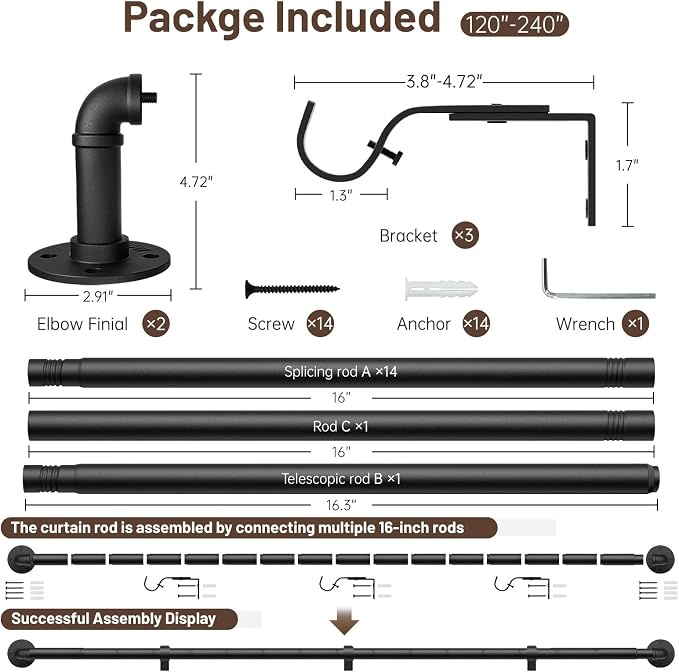 Zeerobee Curtain Rods for Windows 120 to 240, 1 Inch Industrial Wrap Around - Image 6