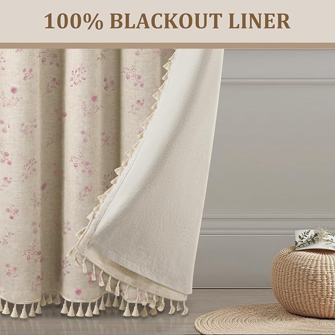 Boho Floral Spring 100% Blackout Curtains 84 Inch Length 2 Panels Set, Linen - Image 6