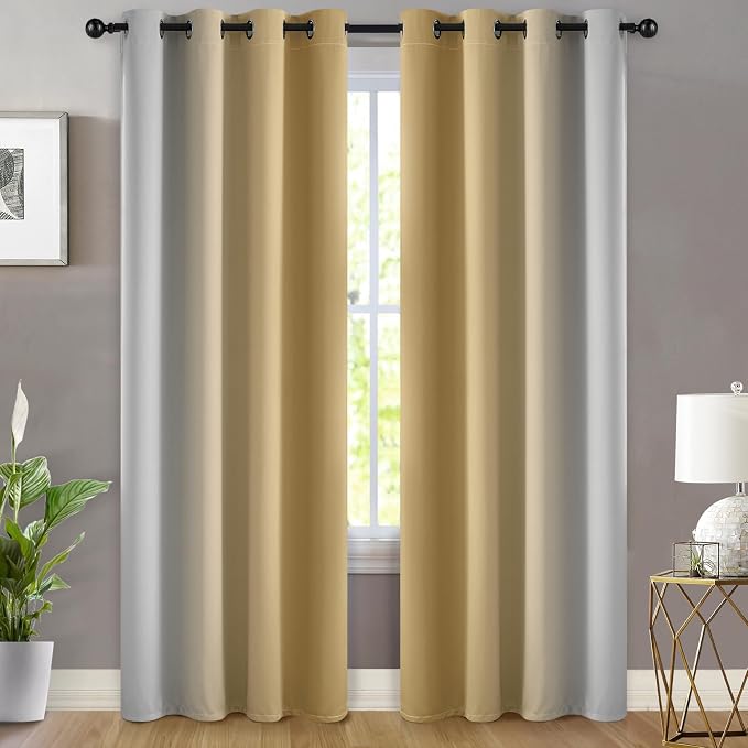 Yakamok Beige and Greyish White Ombre Curtains, Room Darkening Gradient Color - Image 2