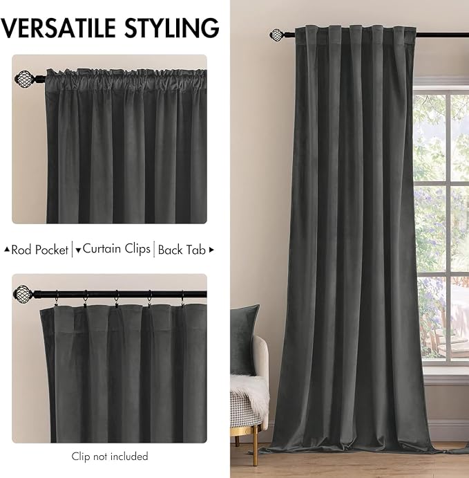 MIULEE Velvet Curtains 52x96 inches 2 Panels Gray Blackout Curtains | Luxury - Image 2