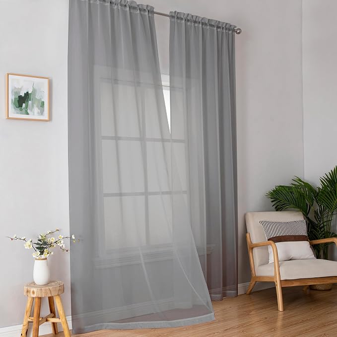 Simplebrand Grey Sheer Curtains 96 Inches Long, Light Filtering Rod Pocket by Simplebrand