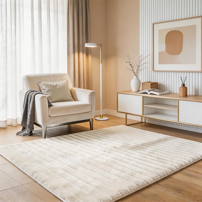 Creamy White Rabbit Striped Plush Rug 5'x8', Fluffy Faux Fur Shaggy Area Rug by CHOVY