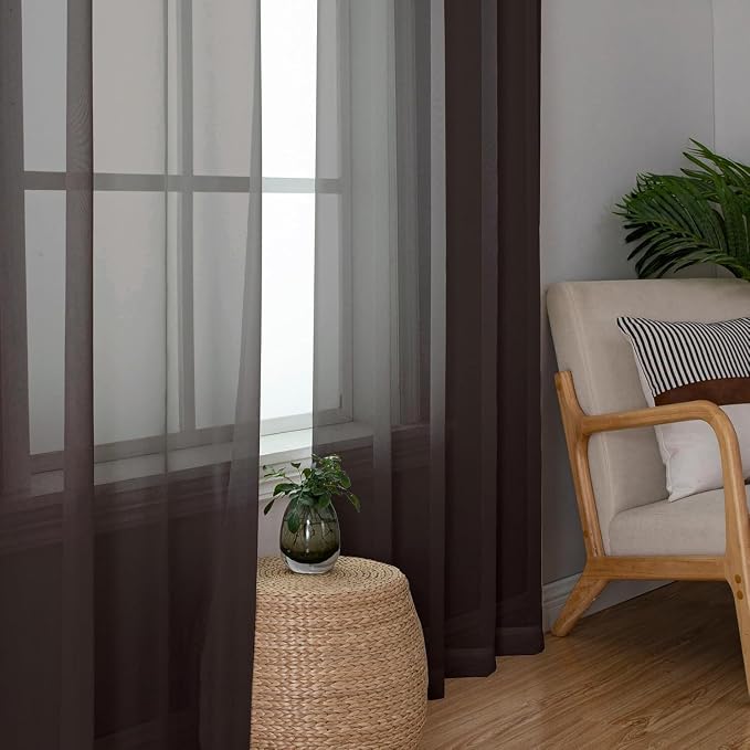 Aiyufeng Chocolate Sheer Curtains 54 Inches Long 2 Panels, Solid Voile Top Dual - Image 2