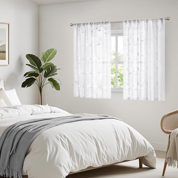 HOMEIDEAS White Sheer Kitchen Curtains 52 x 54 Inch Length 2 Panels Embroidered - Image 9
