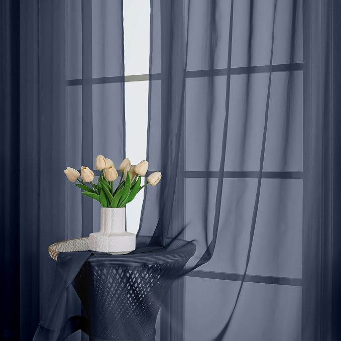 OWENIE Navy Blue Sheer Curtain 90 Inches Long 2 Panels Set, Solid Filmy Drapes - Image 6