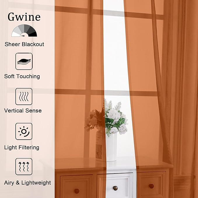 Gwine Burnt Orange Sheer Curtains 63 Inch Length - Image 2