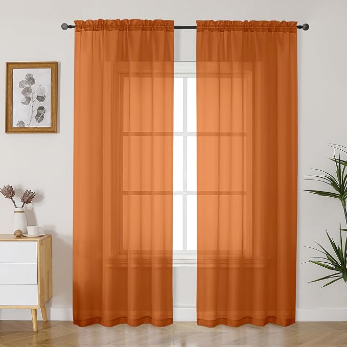 Gwine Burnt Orange Sheer Curtains 84 Inches Long 2 Panels Set by Gwine