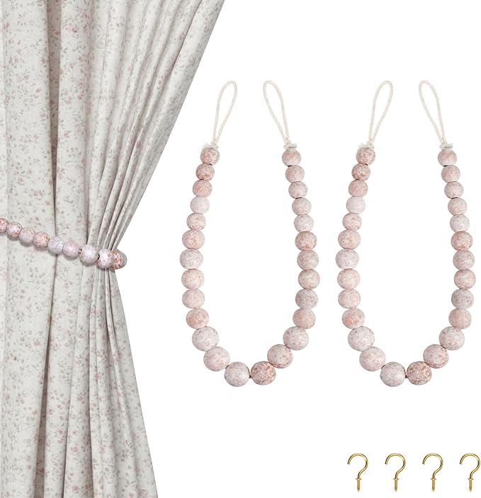 Hion 2 Pcs Boho Curtain Tiebacks, Wood Beads Curtain Holdbacks, Outdoor by Hion