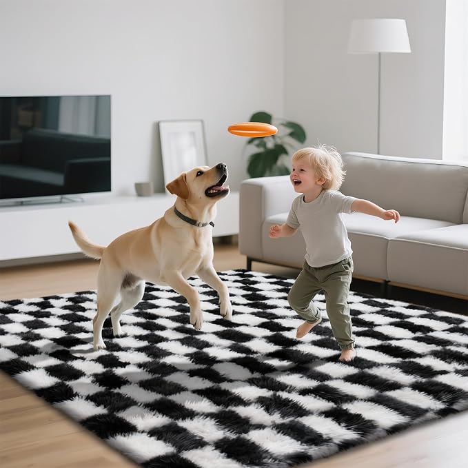 Area Rugs for Bedroom Living Room, 5x8 Black and White Fluffy Soft Checkered - Image 3