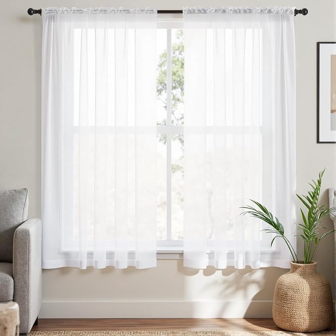MIULEE Short White Sheer Curtains 45 Inches Long, Light Filtering Voile Drapes by MIULEE