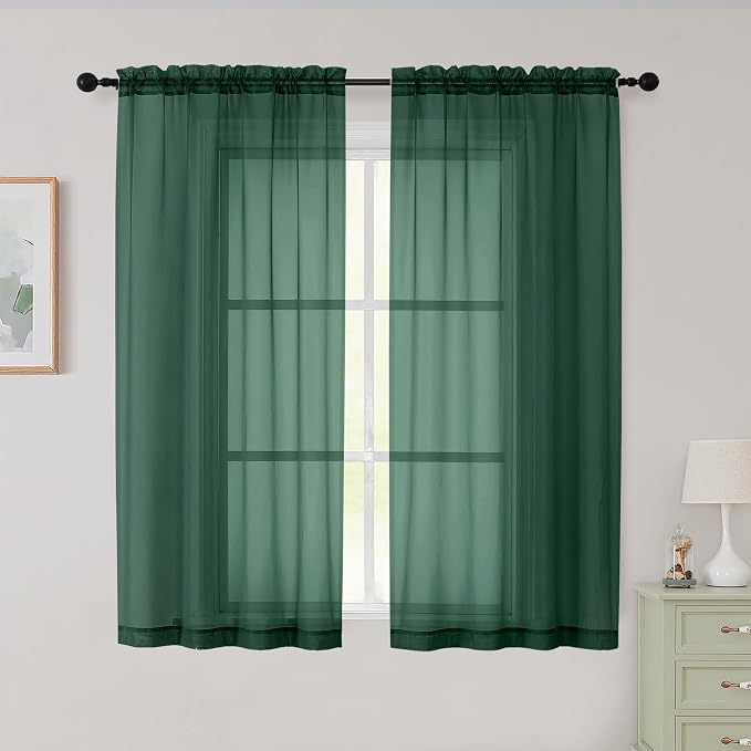 Sheer Hunter Green Curtains for Bedroom Living Room 54 Inch Length 2 Panels Set by WelvetBLK