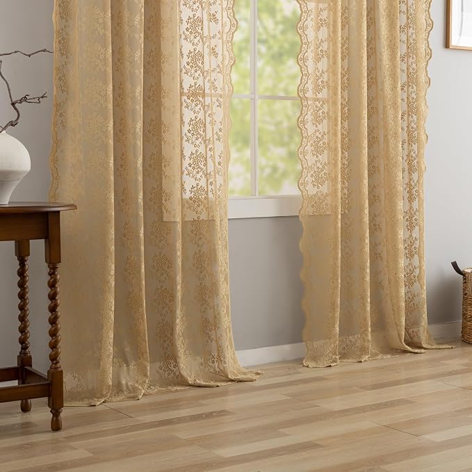 YJ YANJUN Vintage Lace Curtains 84 Inches Long-Victorian Floral Pattern Taupe - Image 5