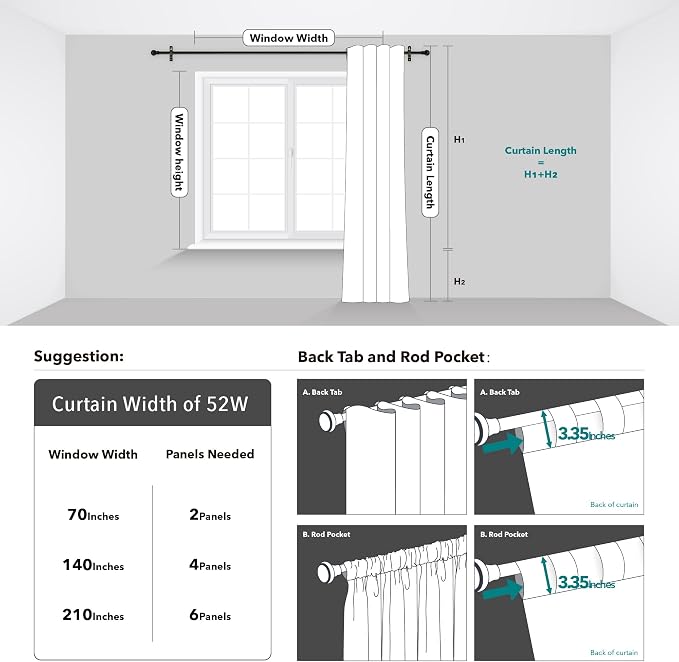 Deconovo Blackout Curtains, Thermal Insulated, W52 x L95 2 Panels, Back Tab - Image 8