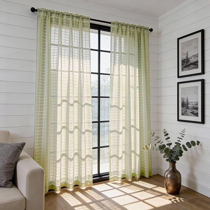 SpaceDresser Check Sheer Curtains 72 Inches 2 Panels Set, Rod Pocket Plaid - Image 4