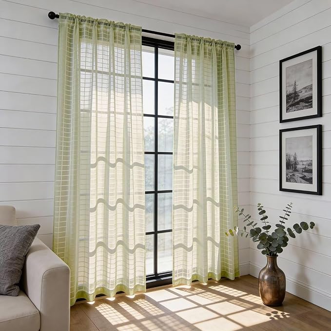 SpaceDresser Check Sheer Curtains 63 Inches 2 Panels Set, Rod Pocket Plaid - Image 4