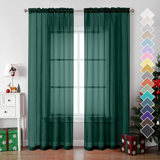 OVZME Hunter Green Sheer Curtains 84 Inches Long 2 Panels - Image 2