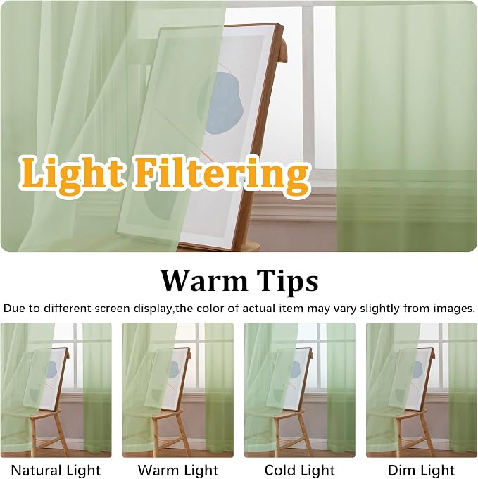 Gwine Light Green Sheer Curtains 72 Inches Long 2 Panels Set - Image 5