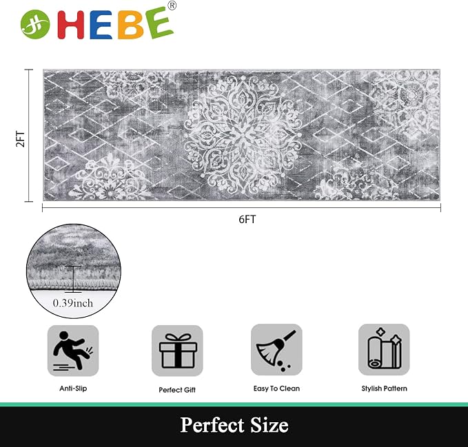 HEBE Hallway Runner Rug 2'x6' Washable Vintage Distressed Area Rugs Non Slip - Image 2