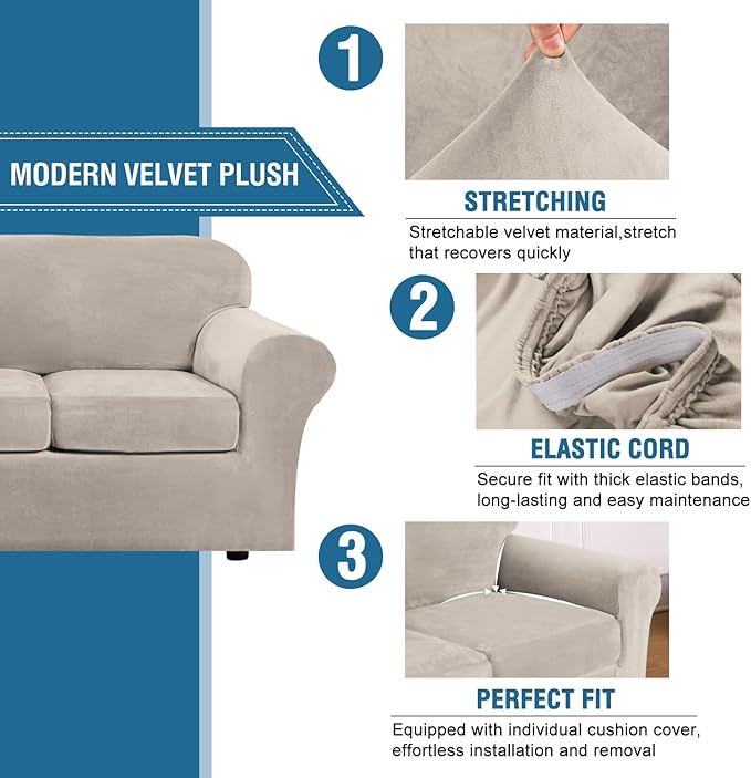 H.VERSAILTEX High Stretch Sofa Slipcover 4 Piece Cover Velvet Furniture - Image 3